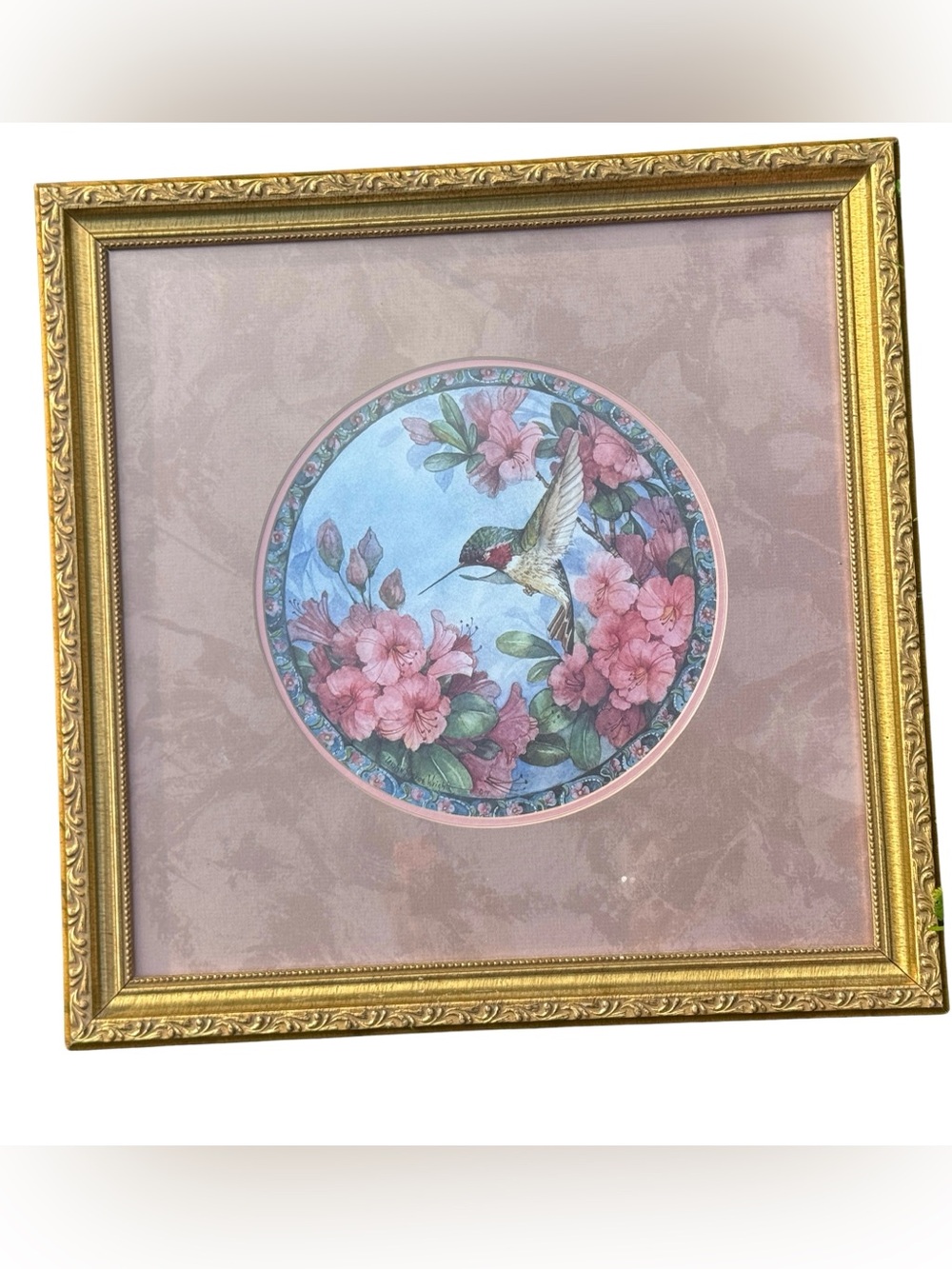 Vintage 90’s Hummingbird & Pink Floral Framed Art w/ Brass Frame